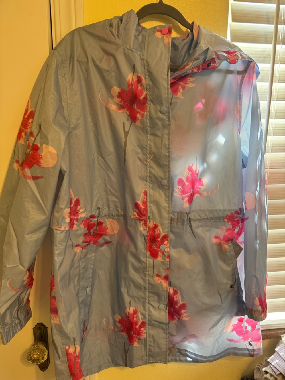 Joules Light Blue Rain Jacket with Pink and Red Floral Accents